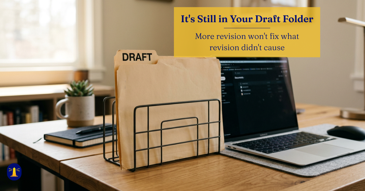 A manila folder labeled "DRAFT" standing upright in a wire desk organizer beside an open laptop, on a warm wood desk with a coffee mug and notebook in the background.