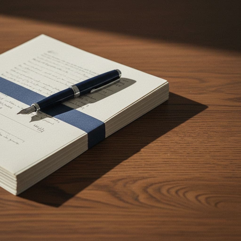 A stack of documents and a fountain pen rest on a clean wooden desk surface.