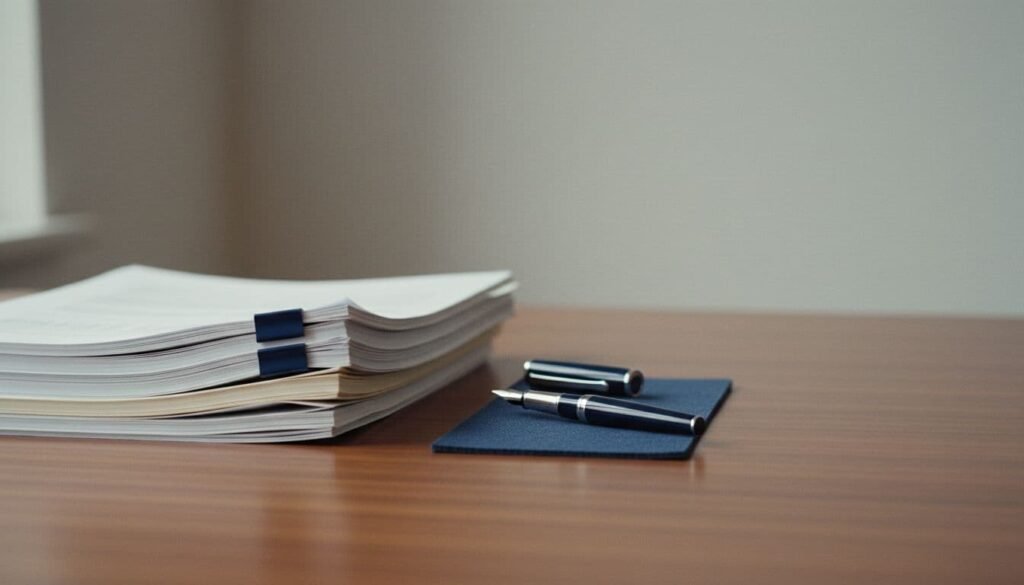 A stack of printed documents and a pen on a wooden desk, representing business writing ready for editorial review.