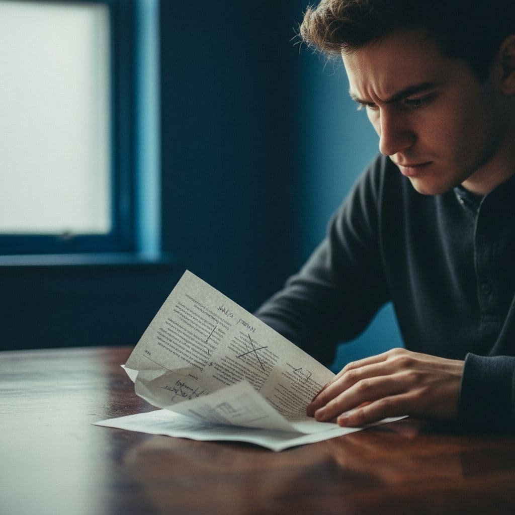 A professional reads a printed document at a desk, looking for what isn't working in the draft.