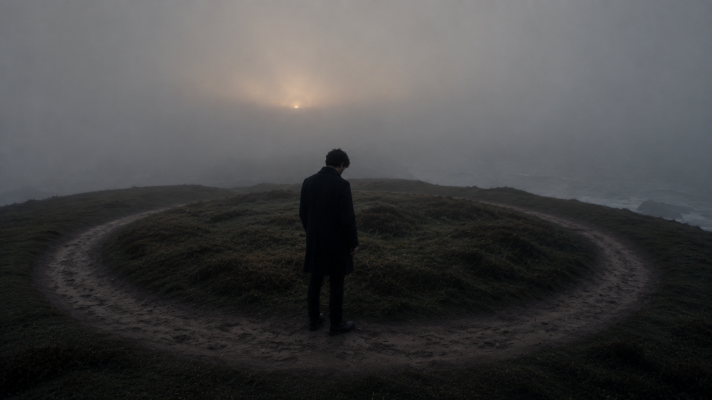 A lone figure stands still, head down, inside a worn circular path on a fog-covered coastal headland, the light nearly gone.