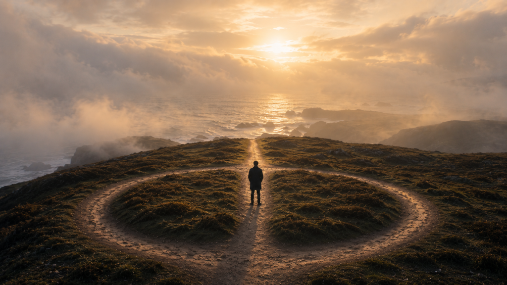 The fog lifts over a coastal headland, revealing a straight path leading out of the worn circle toward the sea, with a figure facing the open route.