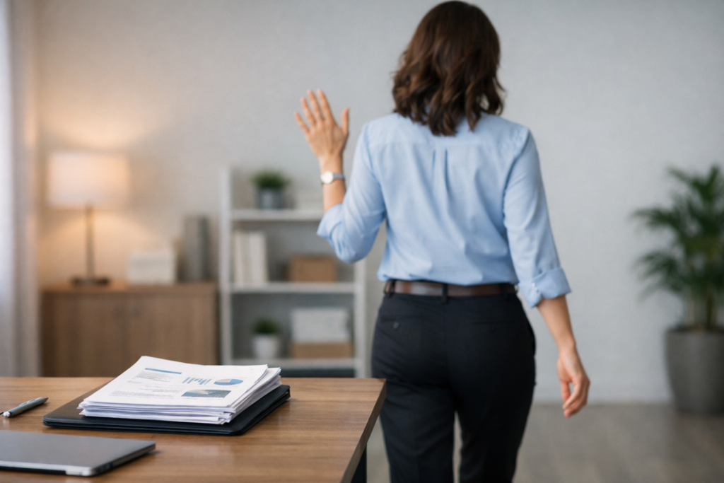 Professional walking away from a document on a desk, hand raised in dismissal