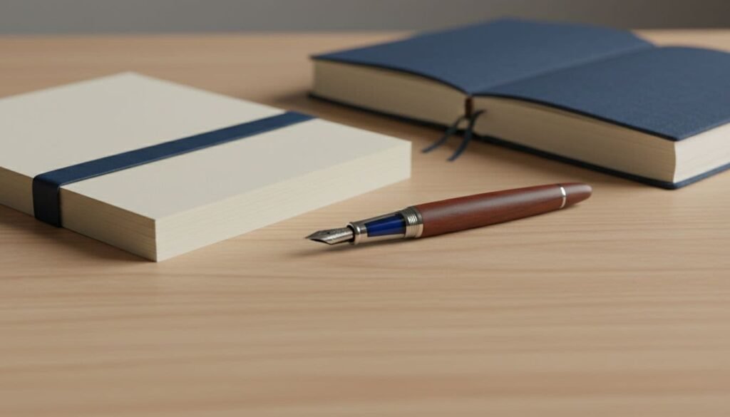 Fountain pen and stacked notebooks on a wooden desk, representing the editorial process of clarifying writing for readers.