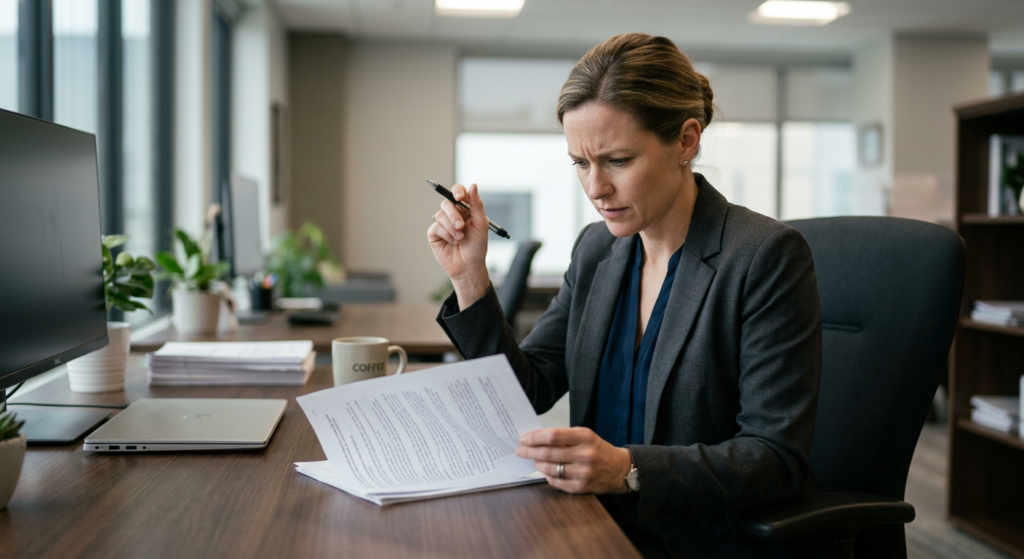 A professional woman sits at her desk reading a printed document with a puzzled expression, pen raised, trying to make sense of what she's reading.