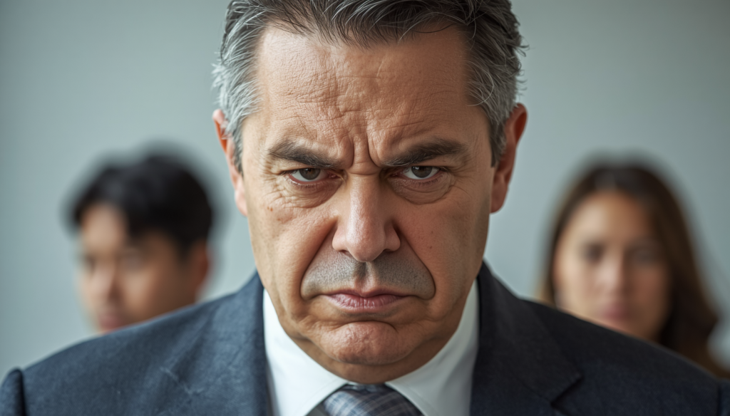 Businessman with expression of cold certainty, as if the problem belongs to everyone else in the room